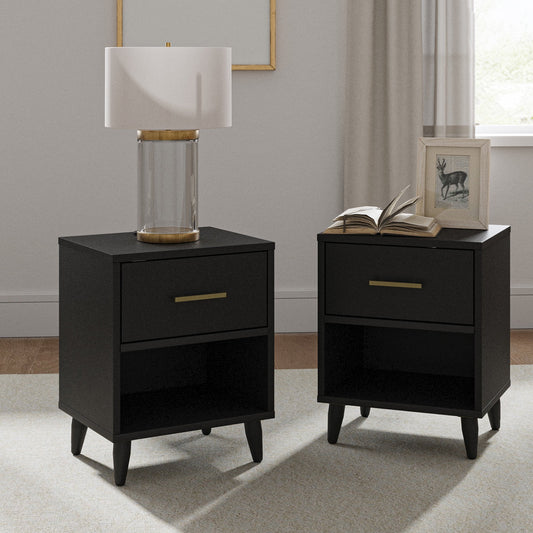 2 Drawers Black Nightstands Set of 2 with Charging Station Contemporary Storage Wooden Bedside End Table Living Bedroom