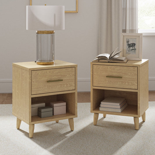 2 Drawers Nightstands Set of 2 with Charging Station Contemporary Storage Wooden Bedside End Table Living Bedroom Walnut