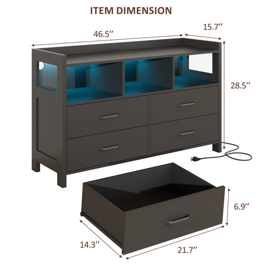 Alohappy Black LED Dresser for Bedroom, 4 Drawer Wide Dressers with Power Strip for Adults/Kids